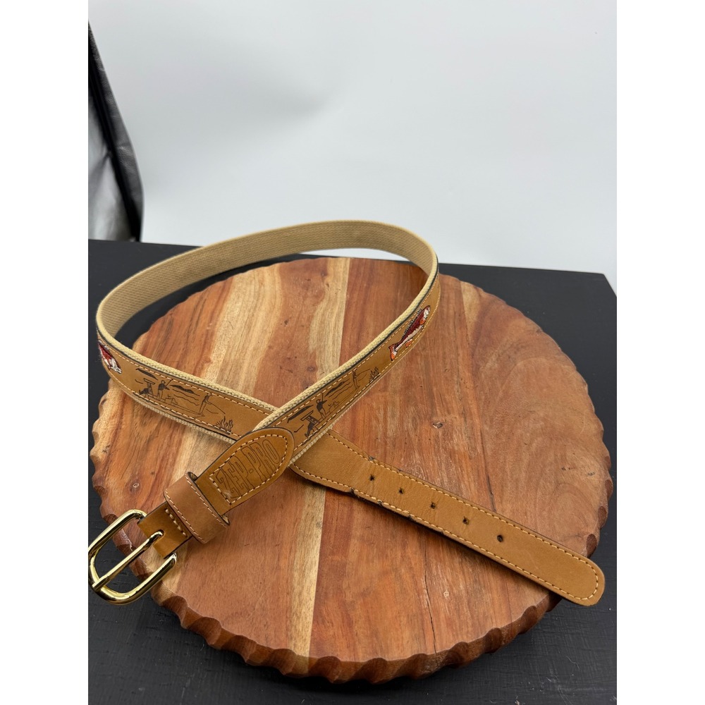 Zep-Pro Fly Fishing Leather Canvas Belt Mens 42 Tan Embroidered Redfish USA Made